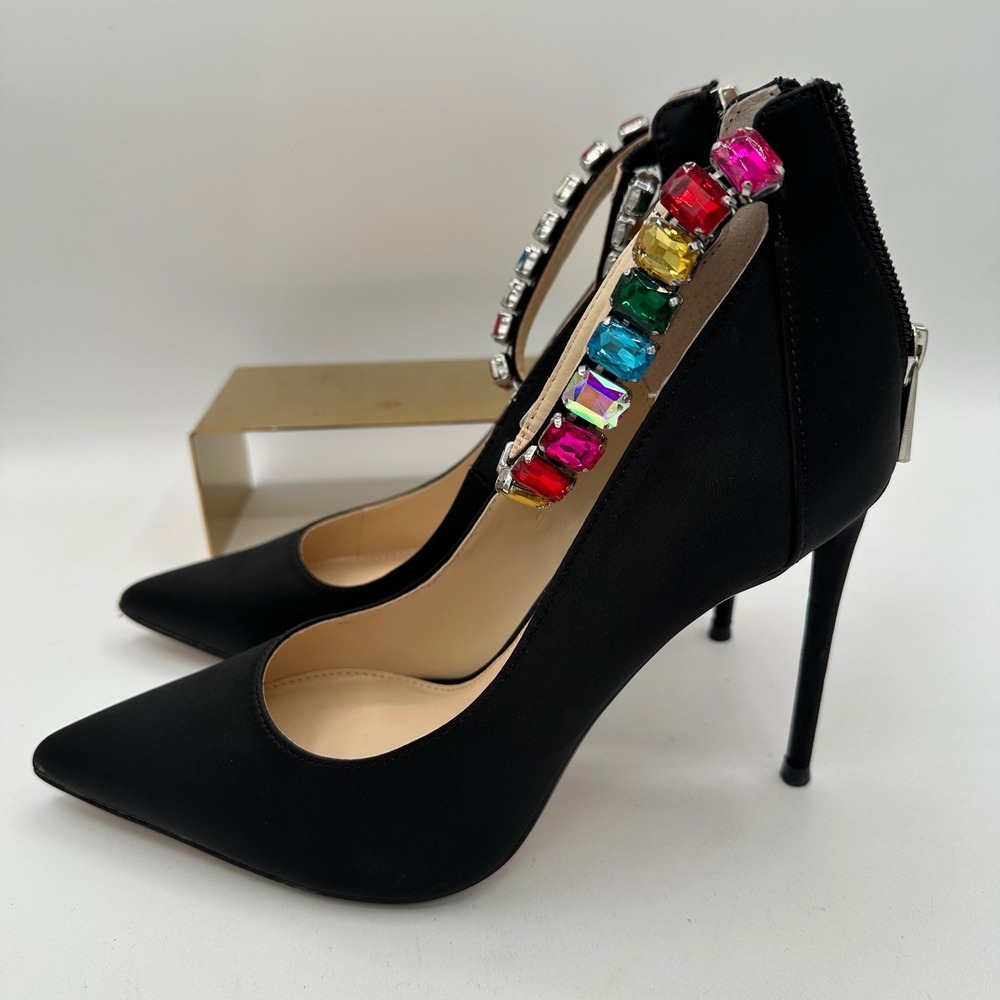 JESSICA SIMPSON Samiyah Jewel Ankle Strap Point Toe Pumps Black Matte Satin 6.5 - Picture 4 of 16